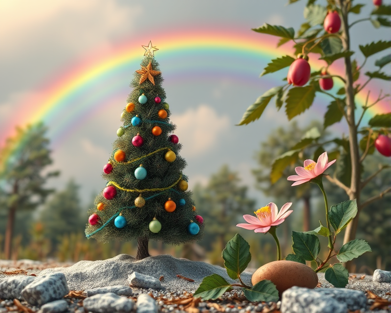 christmas tree, rainbow, flower, potato